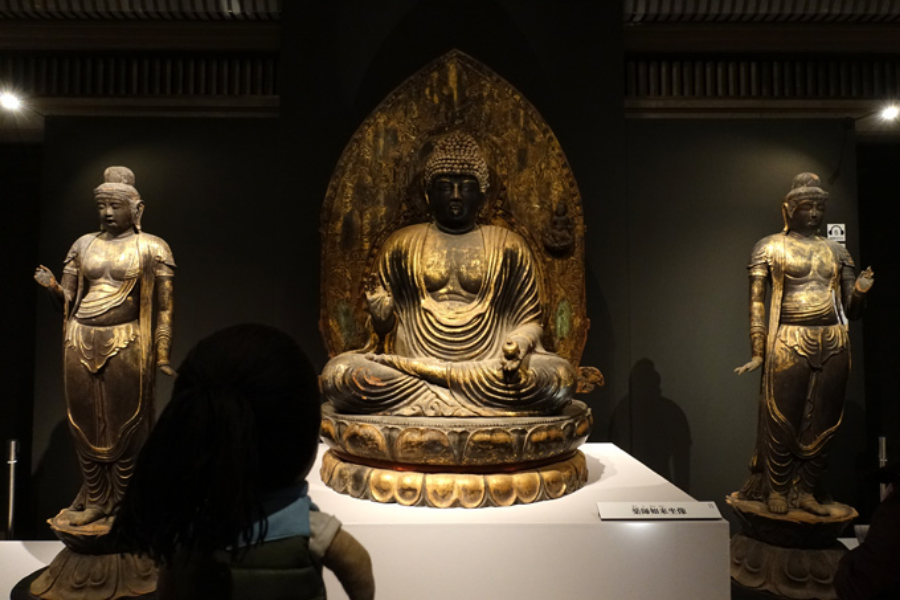 ▲東北で初めて国宝に指定された彫刻、薬師如来坐像(福島・勝常寺)。奈良時代の流れを汲むはち切れんばかりのむっちりボディに、深く刻まれた衣のしわが特徴