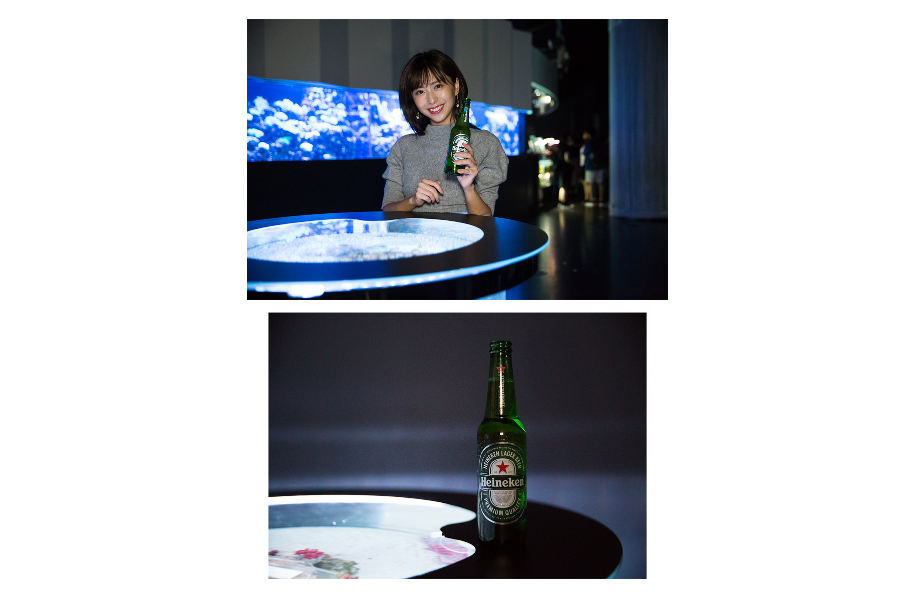 ▲「ハイネケン」(600円)。煌く水槽テーブルで乾杯。