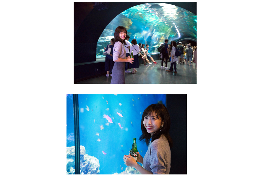 ▲水族館内をお酒を片手に♡ワンダーチューブでは水の中を歩いているような不思議な感覚が楽しめる。