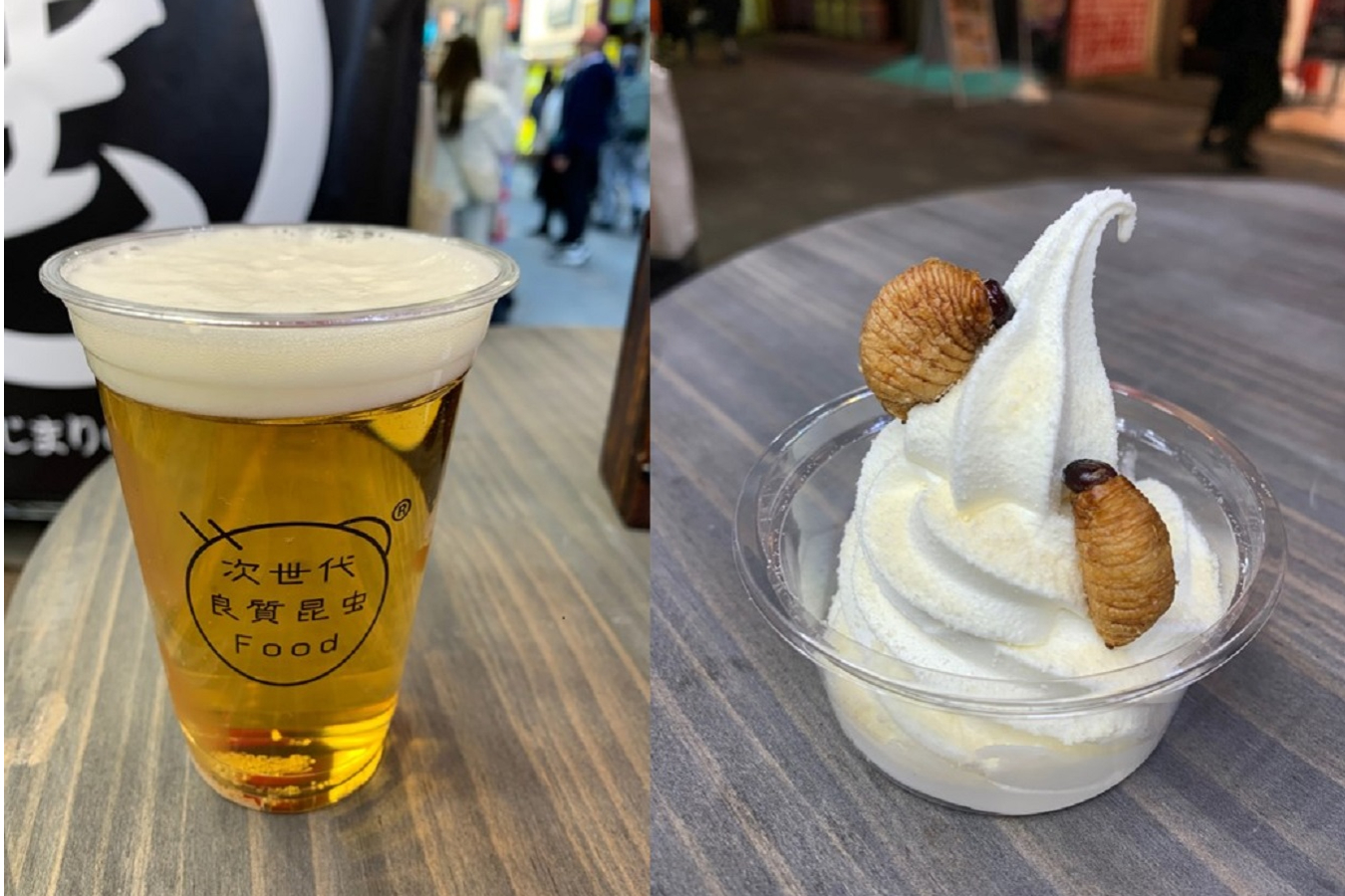 ▲アルコール飲料やサゴワームづくしのソフトクリームなど、ユニークなメニューが並ぶ