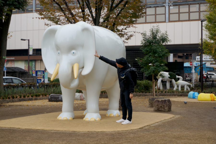 ▲んが、上には上がおりまして、子どもたちはこの巨大な《ゾウ》(鞍掛純一)にもまたがっちゃうんだとか。ええー、大人でも無理ですよこの高さ