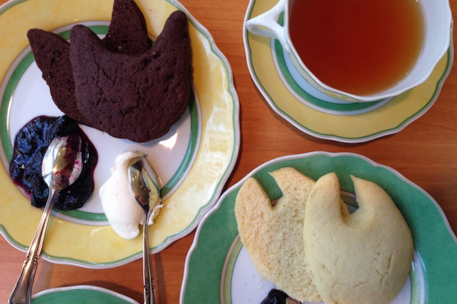 ▲人気のスコーンと紅茶のセット。右下「ネコーン」と左上「チョコネコーン」