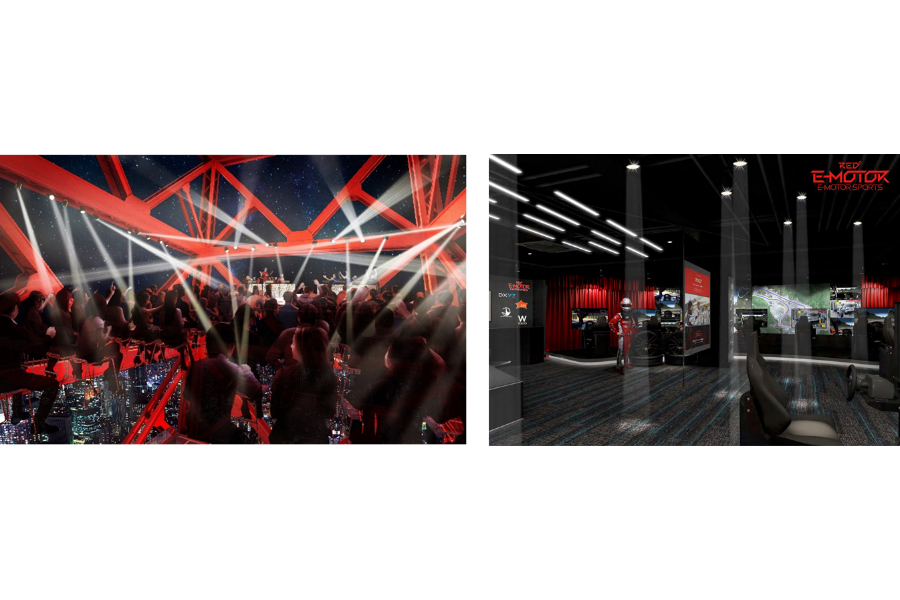 ▲5階「RED゜TOKYO TOWER SKY STADIUM」(左)と「RED゜E-MOTOR SPORTS AREA」(右)