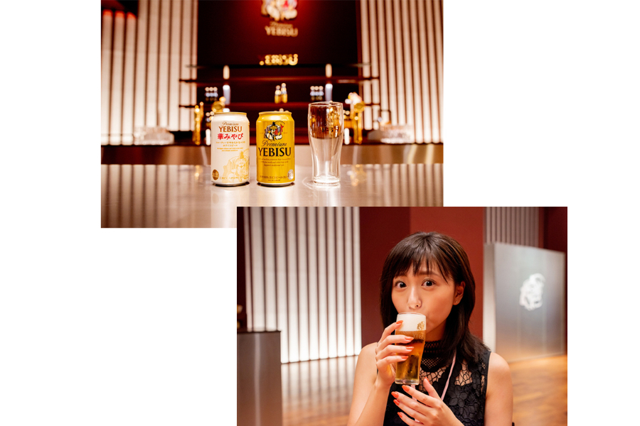▲後半はコミュニケーションステージでテイスティング体験。定番の「ヱビスビール」と「華みやび」(季節によって異なる)