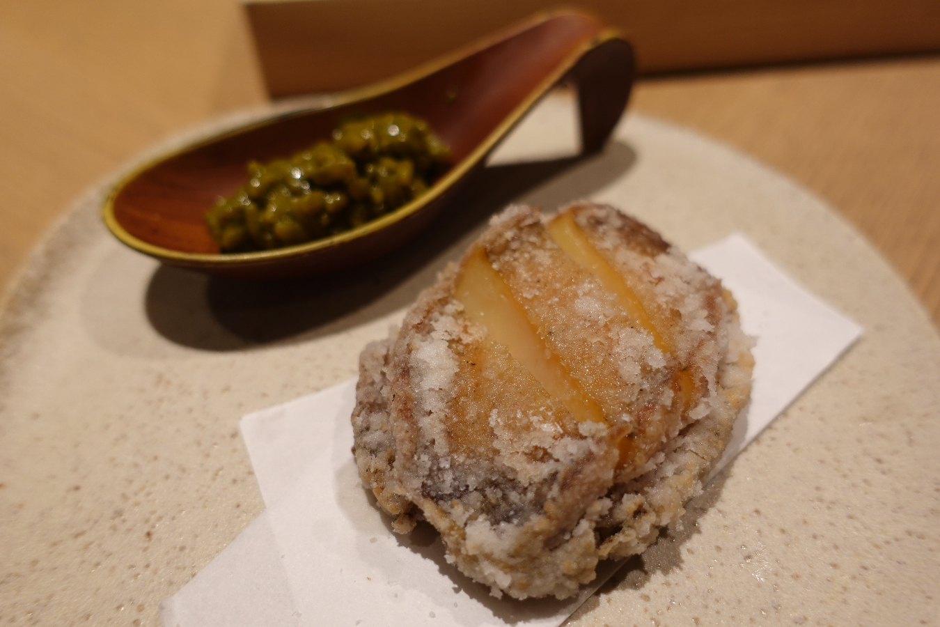 ▲アワビのかりんとう揚げと肝ソースリゾット